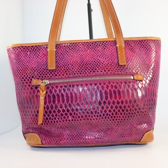 Dooney & Bourke Purple Snake Embossed Leather Tote Bag with Red Interior - Picture 2 of 11